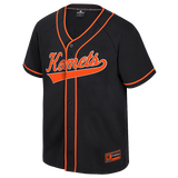 A black short-sleeve baseball jersey with orange piping and 'Komet' in orange script across the chest, shown on a plain white background.