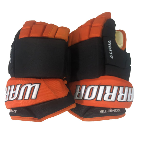 Game-Used 2024-25 Cullen Ferguson Black/Orange Warrior Hockey Gloves