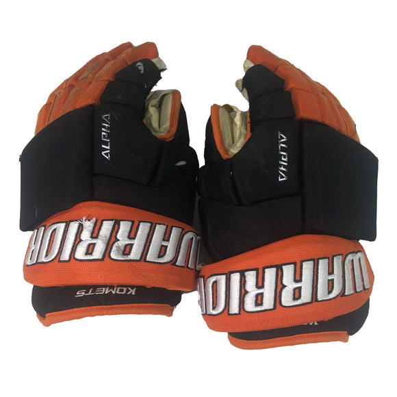 Game-Used 2024-25 Matt Boudens Black/Orange Warrior Hockey Gloves