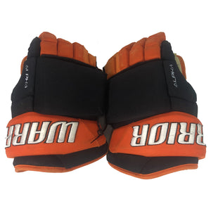 Game-Used 2024-25 Nolan Volcan Black/Orange Warrior Hockey Gloves