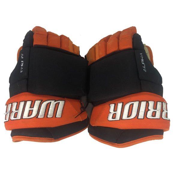 Game-Used 2024-25 Nolan Volcan Black/Orange Warrior Hockey Gloves