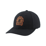 Black cap with a brown logo on a white background