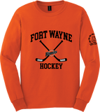 Long Sleeve Orange Crossed Sticks Komets Hockey Anniversary T Shirt