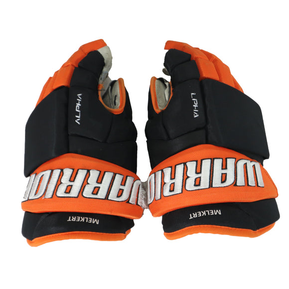 Game-Used 2024-25 Cory Melkert Black/Orange Warrior Hockey Gloves
