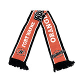 A Fort Wayne Hornets athletic scarf in orange, black, and white, featuring fringe ends and team logos on a plain white background.