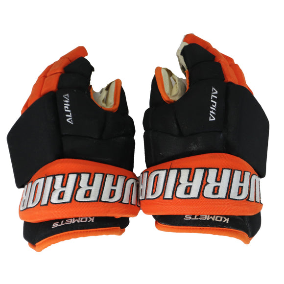 Game-Used 2024-25 Alex Swetlikoff Black/Orange Warrior Hockey Gloves